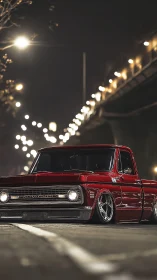 Low-slung crimson pickup prowls beneath glittering city lights