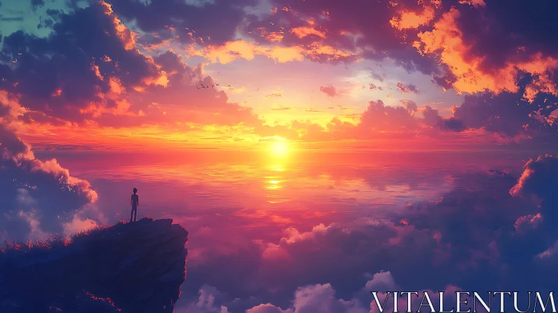 Solitary figure watches radiant oceanic sunset horizon.