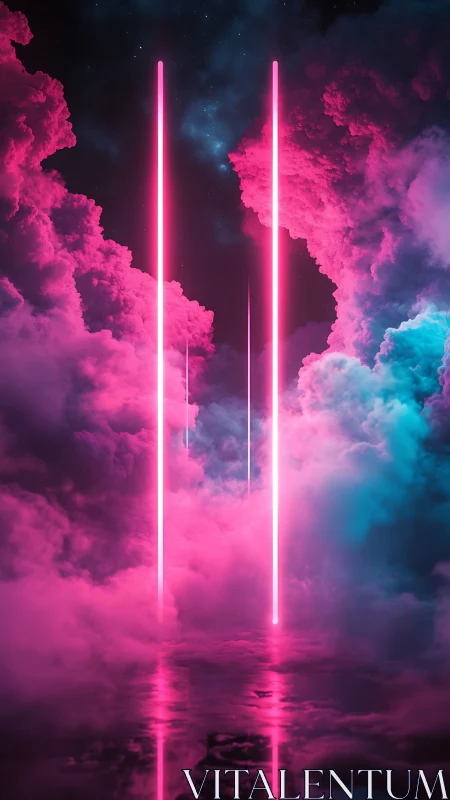 Neon pink light pillars cutting through dense glowing clouds.