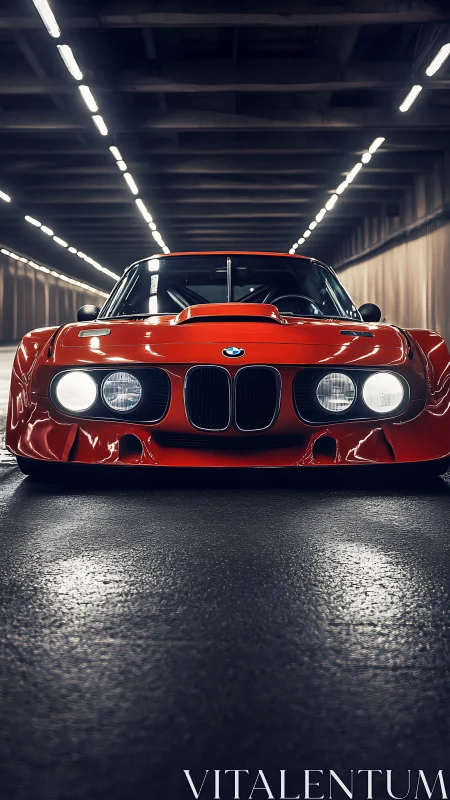 Tunnel-lit frontal study of red vintage BMW race coupe.