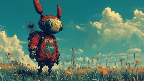 Rabbit-eared robot explorer in wildflower field under clouds.