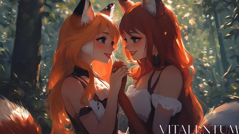 Fox-eared girls sharing tender moment in sunlit forest.