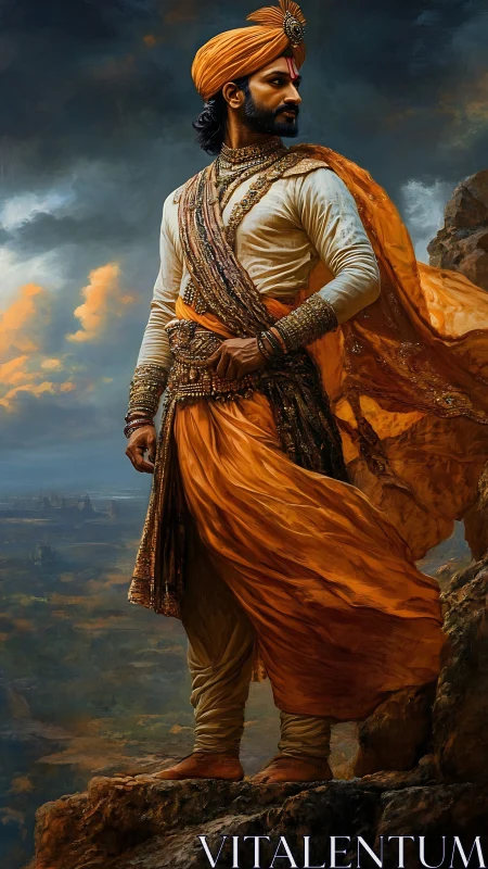 Stormlit royal guardian overlooking distant valley below.