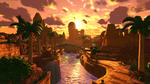 Sunlit river passes through stylized desert cityscape at dusk