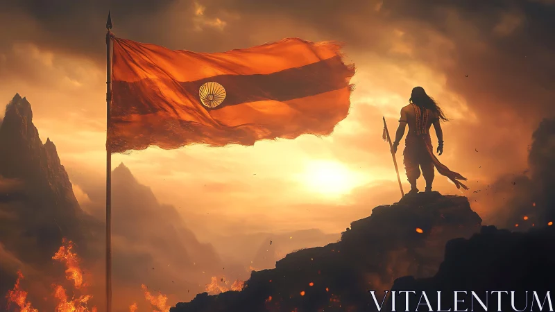 Cinematic digital painting of warrior silhouette and flag at sunset.