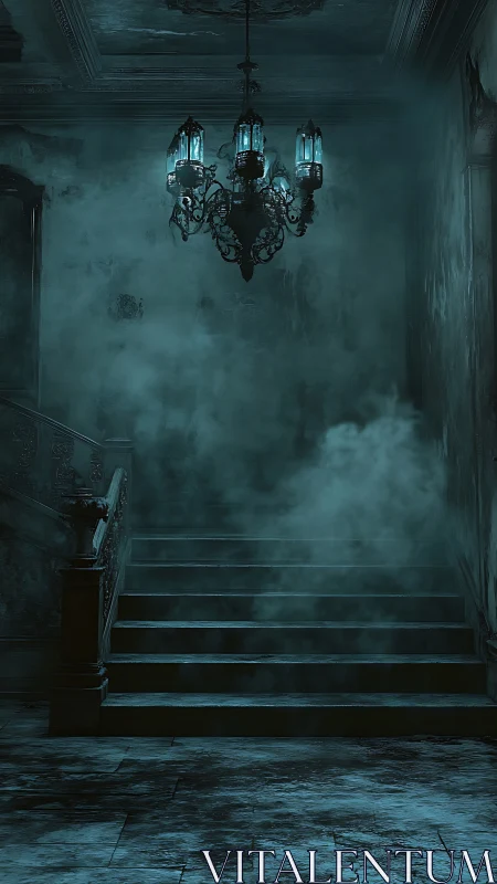 Haunted staircase shrouded in mist under cyan chandelier.
