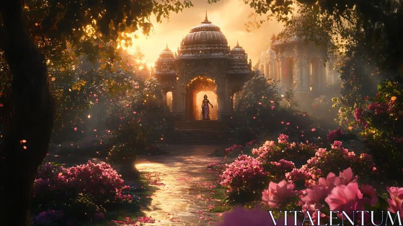 Temple structure stands amid dense flowering garden at sunset