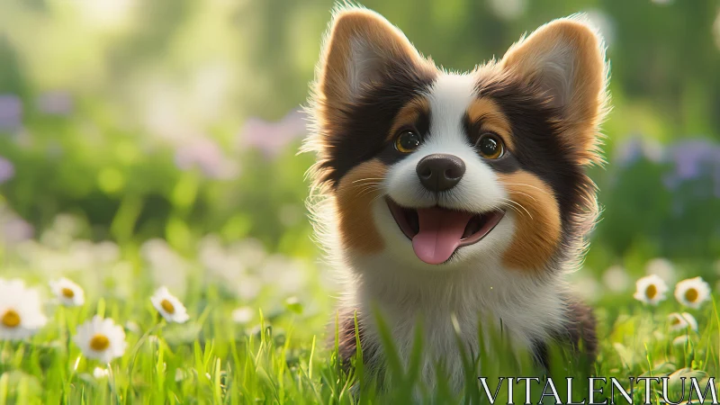 Playful corgi puppy in sunlit spring meadow portrait.