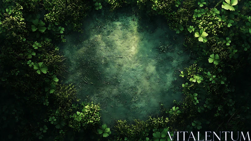 Emerald forest clearing encircled by lush clover foliage.