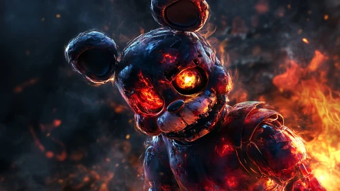 Charred animatronic bear with molten core in infernal blaze.