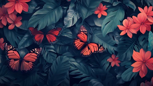 Red butterflies over dark tropical leaves and flowers.