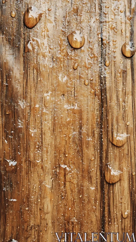 Rain-kissed timber grain with glistening amber droplets.