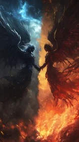 Elemental winged warriors clash over fire and storm sky.