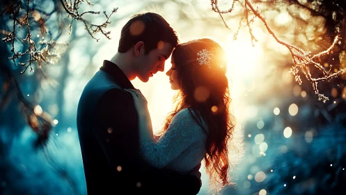 Silhouetted couple in backlit winter embrace with bokeh ambiance.