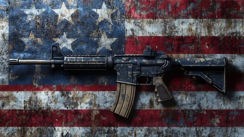 Weathered rifle crowned by a distressed American flag backdrop.