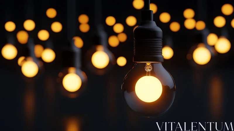 Suspended tungsten bulbs glow against deep bokeh background