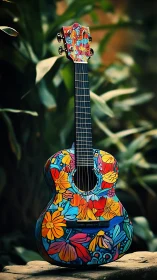 Floral-pattern acoustic guitar with vivid hand-painted body and headstock