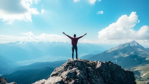 Hiker spreads arms atop sunlit alpine summit panorama.