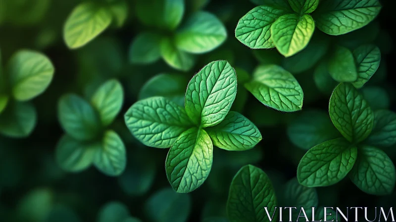 Mint leaves glow like tiny emerald sails in forest light.
