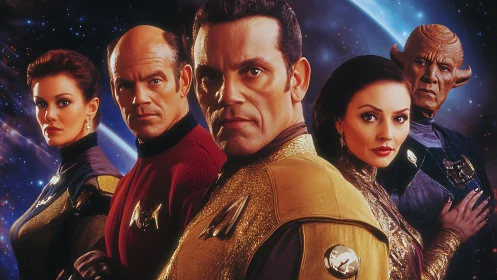 Galactic officers stand united against a cosmic backdrop.