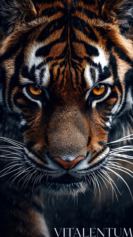 High-contrast frontal tiger portrait with razor-sharp fur detail