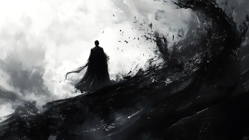 Dark wanderer confronts a storm of ink and shadowed sky.
