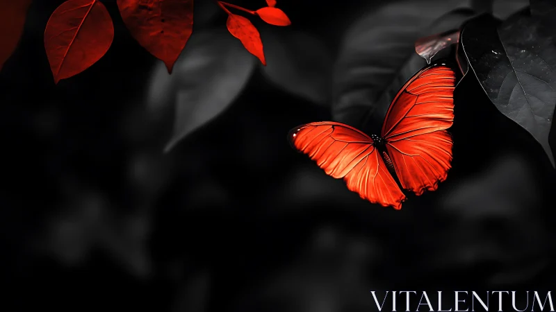 Scarlet butterfly poised on monochrome foliage in selective color.