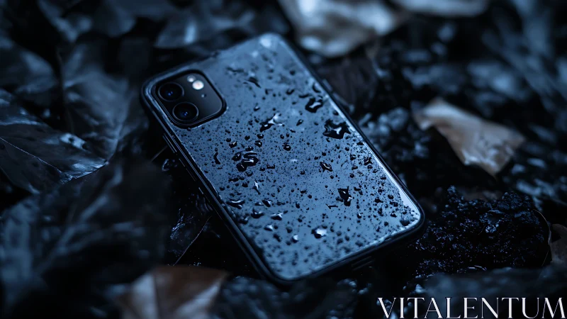 Wet smartphone on dark leaves in low light scene.