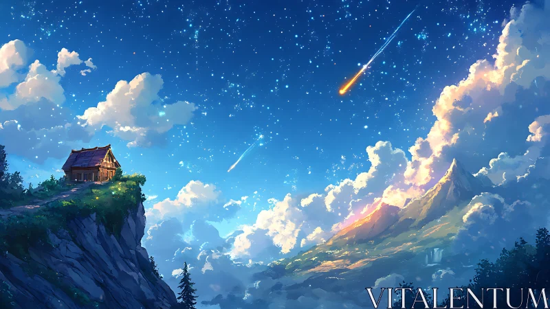 Cozy cliffside cabin under a dreamy shooting star sky.