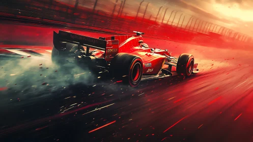 Red Formula race car drifts through blazing motion blur.
