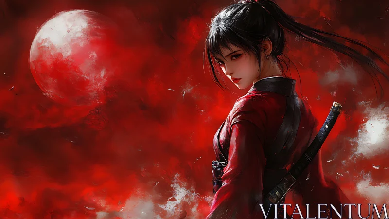 Female swordsman stands before red celestial background