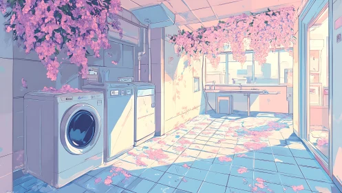 Laundry room glows under cascading pink blossoms