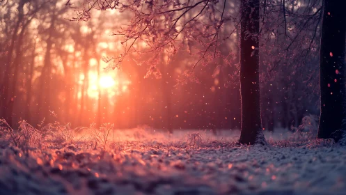 Golden Sunrise Breaks Through Frosted Forest Mist