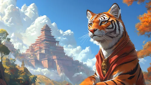 Tiger in ceremonial robe before tiered mountain temple complex.