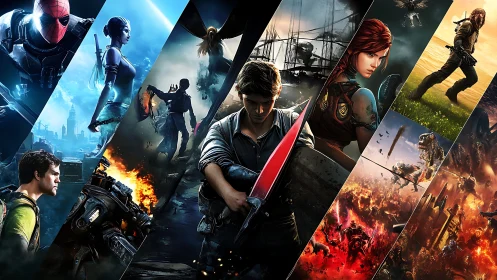 Dynamic collage of heroic game characters in battle scenes.