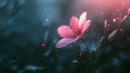 Pink Flower with Insect Against Dark Teal Background