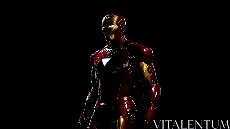 Shining red armor hero standing bold in deep black space.