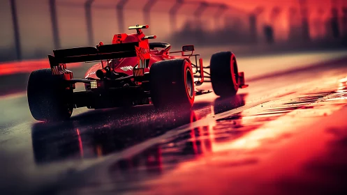 Red formula racer accelerates across wet sunset circuit.