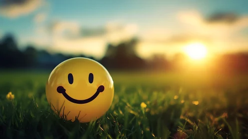 Yellow smiley ball on grass in low sunset light field.