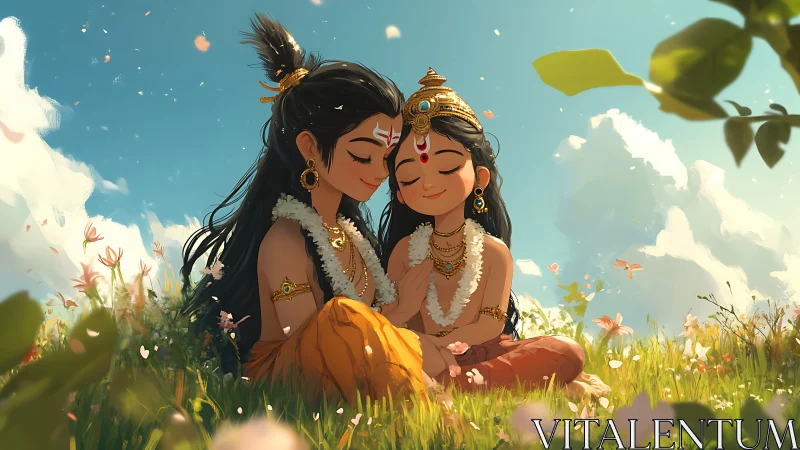 Two Divine Figures in Celestial Garden Setting.