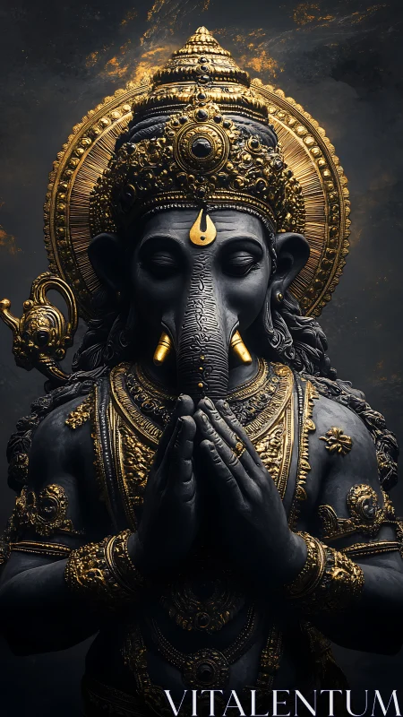 Ganesh idol glows with dark stone and molten gold detail.