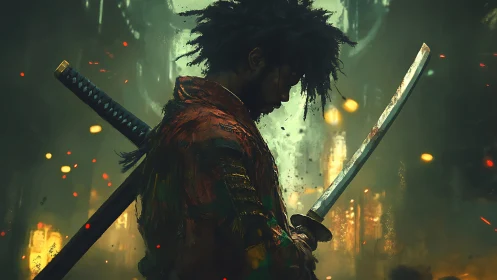 Lone cyberpunk samurai in neon embers, poised for battle.