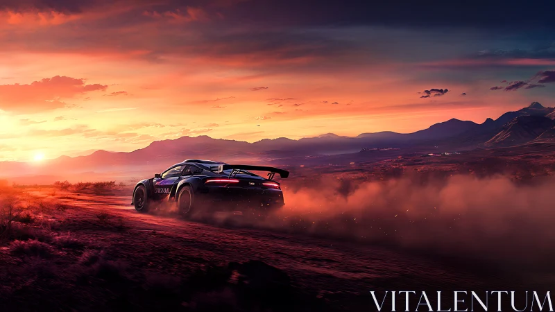 Sports car speeding on dusty road under vivid sunset sky.