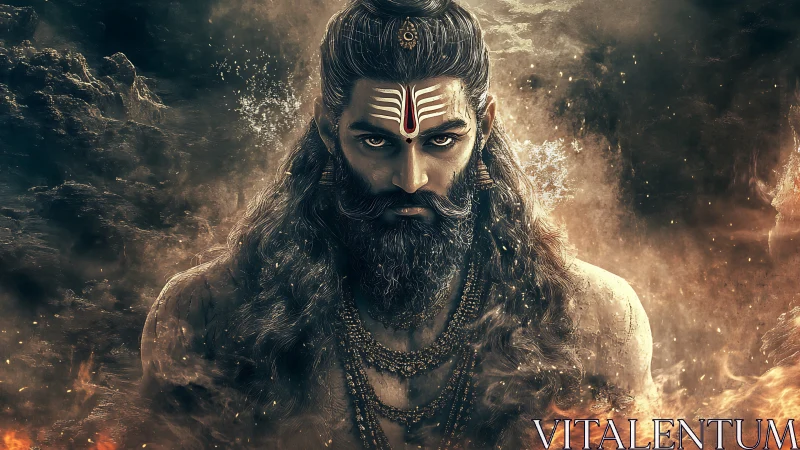 Mythic warrior portrait amid swirling fire and smoke.