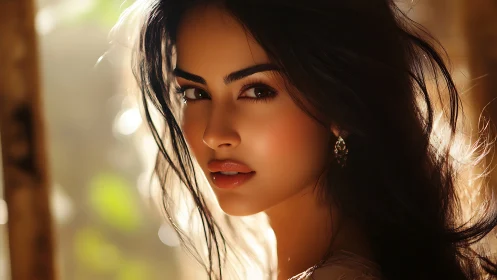 Warm backlit portrait of woman with soft glowing light.