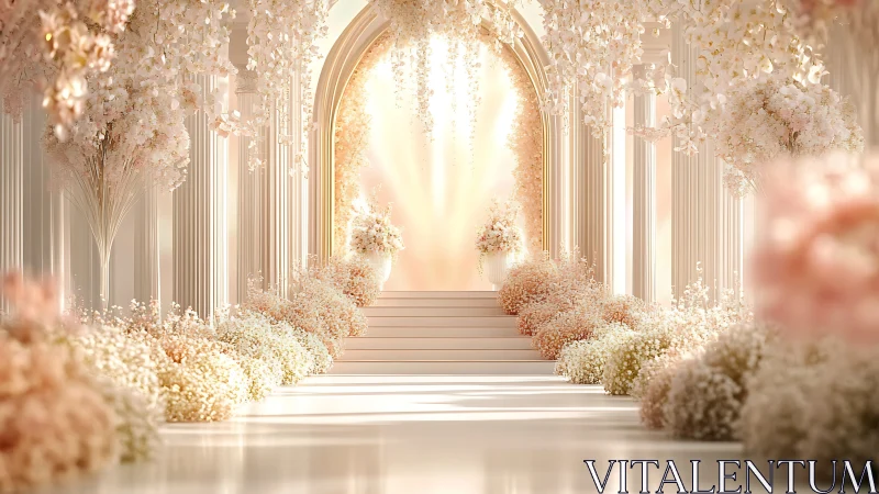 Ethereal floral wedding aisle under luminous arched portal.