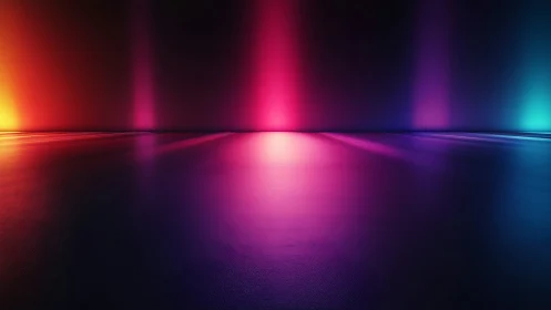 Neon hush on a mirror floor of color-soaked silence.