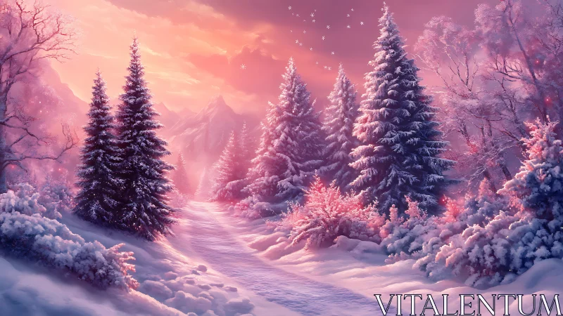 Winter path glowing with pink twilight and soft falling snow.