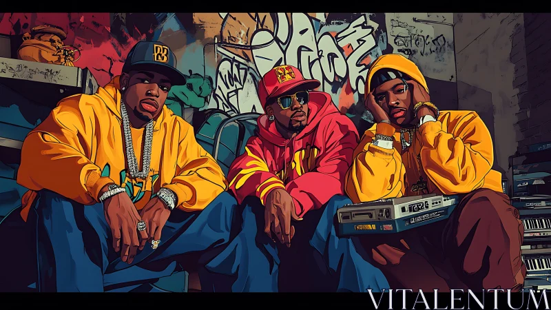 Hip hop trio in hoodies posing in urban graffiti alley scene.