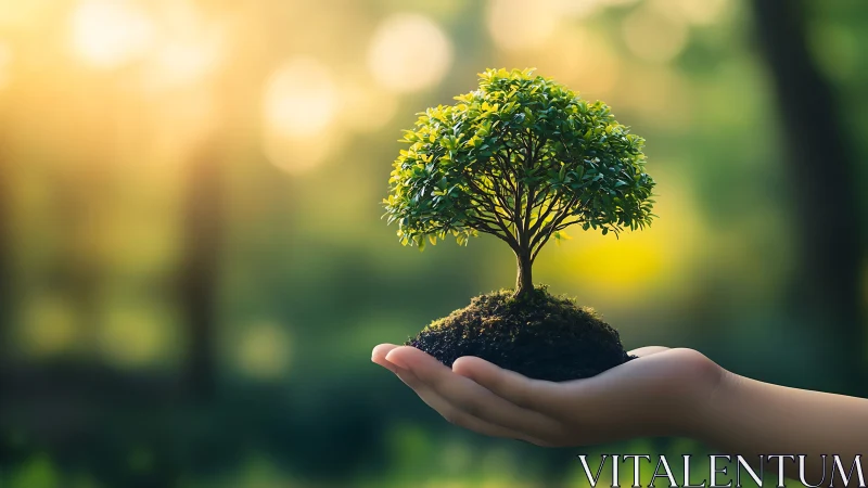 Small tree in soil held by hand, nature conservation concept, soft light.